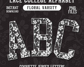 Lettres universitaires en dentelle PNG Floral Alpha Coquette College Alphabet Girly Jersey police Sublimation de A à Z Clipart Bundle Chinoiserie tendance ABC Png