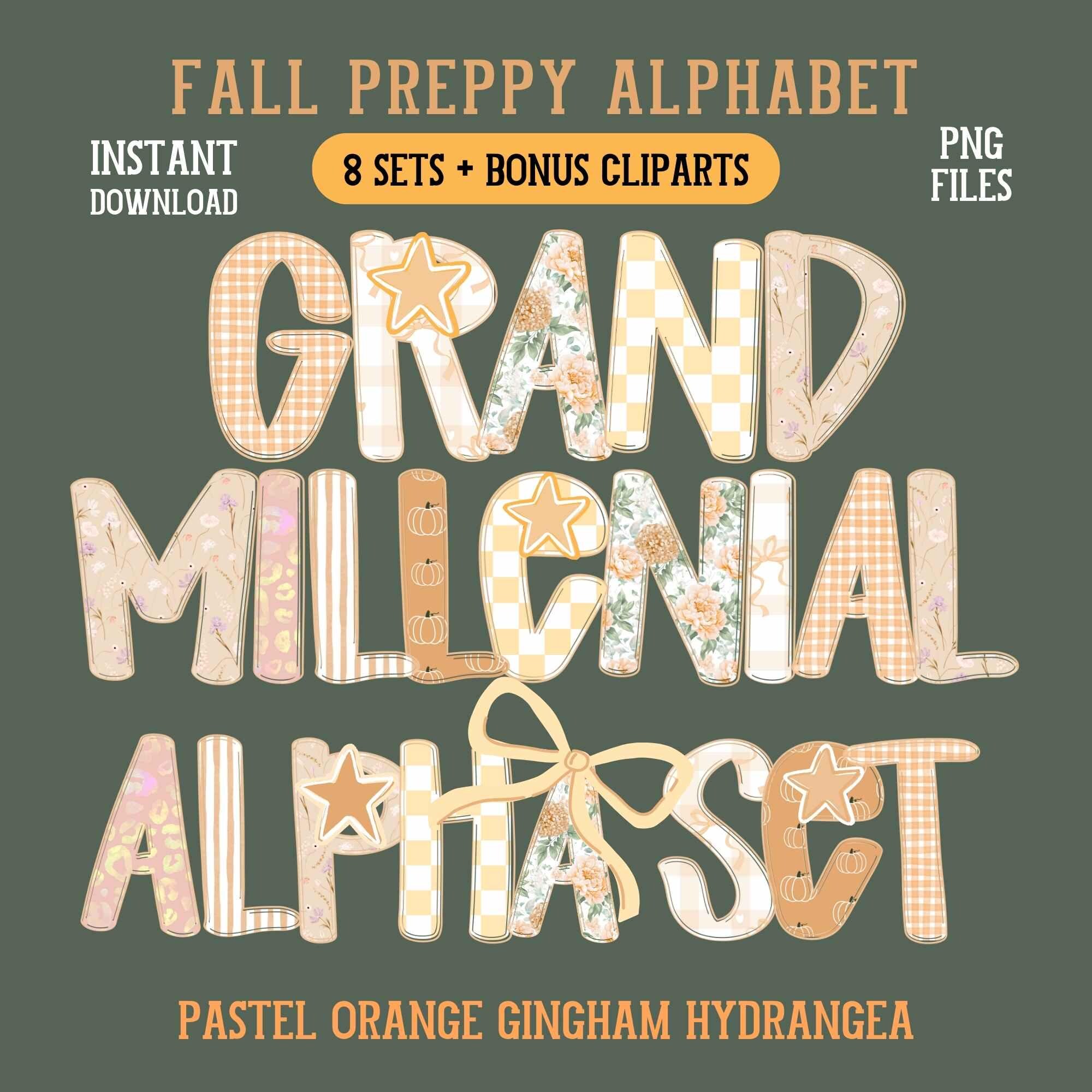 Fall Grandmillennial Alphabet PNG Preppy Pastel Orange Letters Gingham ...