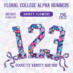 May include: Floral college alpha numbers in a floral design. The numbers 1, 2, and 3 are featured, each adorned with a colorful flower pattern. The image includes the text "Instant Download," "Dainty Flowers," "PNG Files," and "Coquette Varsity Add-Ons."
