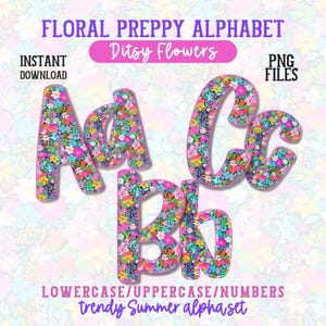 Alfabeto Preppy PNG Pacote Floral Ditsy Delicado Coquete Letras Rabiscadas Desenhadas à Mão Fonte Digital Neon Boho Conjunto Floral Apertado ABC Pacote de Alfabeto A-Z