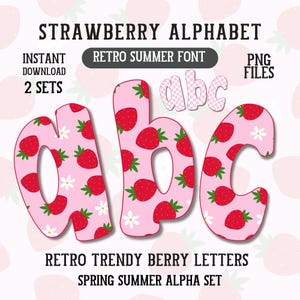 Alfabeto de fresa PNG Paquete de letras de verano Coquette Berry Checkers Alfabeto Conjunto Fruta de verano Letras de garabatos Día de la Madre Fuente Tendencia Dibujado a mano