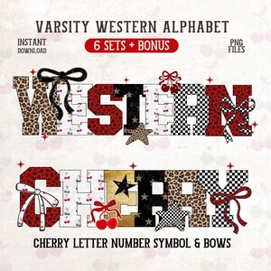 May include: Digital design featuring the words "VARSITY WESTERN" and "CHERRY" in a varsity-style font. The letters incorporate patterns like leopard print, checkerboard, and cherry motifs. Includes the text "6 SETS + BONUS" and "CHERRY LETTER NUMBER SYMBOL & BOWS".