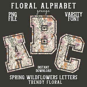 Alfabeto de flores silvestres PNG, fuente floral universitaria, retro grunge, flores de primavera, conjunto alfa, letras de verano, número, patrón floral de moda, clipart ABC