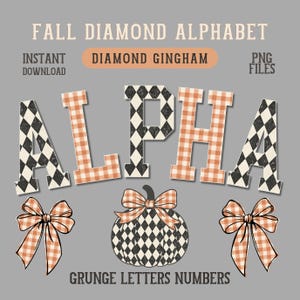 Könnte beinhalten: Digitales Grafikset mit dem Titel FALL DIAMOND ALPHABET und DIAMOND GINGHAM, das das Wort ALPHA in einem schwarz-weißen Rautenmuster und einem orange-weißen Vichy-Muster zeigt, begleitet von zwei orangefarbenen Vichy-Schleifen und einem Kürbis.