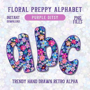 Alfabeto Floral Preppy PNG, Letras Retrô Roxas, Fonte Moderna Desenhada à Mão, ABC Floral Boho de Verão, Conjunto Alfa de Artesanato por Sublimação Digital