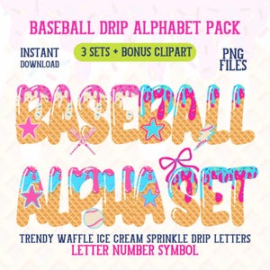 Paquete de alfabeto de béisbol con goteo, respeta el goteo, letras de helado, gofres que gotean, conjunto ABC, regalo para mamá deportiva PNG, fuente deportiva de verano de moda preppy