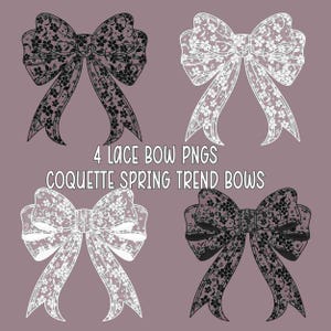May include: Four black and white lace bow designs. The bows are in a classic shape with a center knot and flowing tails. The bows are perfect for adding a touch of elegance to any project.