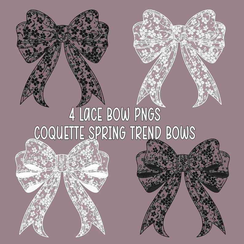 May include: Four black and white lace bow designs. The bows are in a classic shape with a center knot and flowing tails. The bows are perfect for adding a touch of elegance to any project.