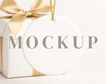 Round Ceramic Ornament Mockup PNG | Blank White Christmas Ornament with Gold String | Styled Holiday Mockup Circle Ornament Print on Demand