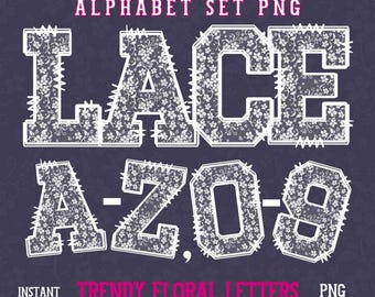 Ensemble de lettres de polices de l'alphabet PNG en dentelle blanche