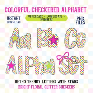 Conjunto de cuadros alfa de colores PNG, brillantes damas de verano, letras, fuente retro doodle, estrellas, paquete de fuente a cuadros preppy ABC, números multicolores