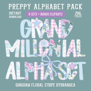 Grandmillennial Alpha Preppy Floral Alpha Coquette Alpha Font PNG Grandmillennial Alpha Pack Mama PNG Hand Drawn Gingham Pastel ABC Letters