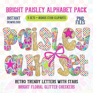 Paquete de alfabeto de cachemira brillante, letras florales de verano con purpurina, estilo retro bohemio, estrellas, ABC, paquete de fuentes a cuadros preppy, escrito a mano para el Día de la Madre