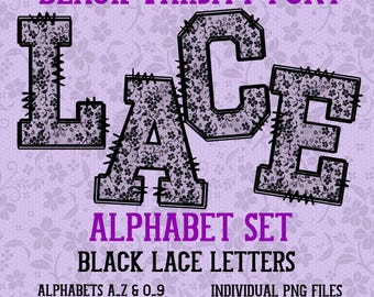 Alpha Png dentelle universitaire noire polices dentelle Alphabet Clipart Doodle lettres Bundle Floral College Alpha ensemble lettre noire numéro dentelle tendance Png