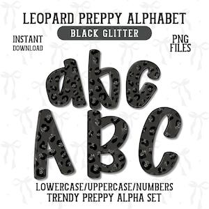 Preppy Black Leopard Alpha Png Fonte Retro Cheetah Glitter Animal Print Alfa Conjunto Doodle Letras Png Coquette Moderno Desenhado à Mão Pacote ABC