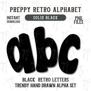 Alfabeto negro dibujado a mano, estilo preppy, PNG, fuente retro, color sólido, conjunto alfa, letras garabateadas, PNG, paquete ABC moderno y coqueto, manuscrito.