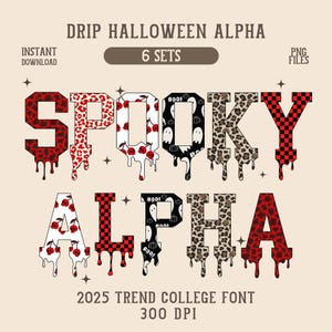 Halloween Drip Alpha 6 Set Spooky Alphabet PNG Körsbärsskalle Leopardrutiga Varsity-typsnitt Bokstäver Höstsäsong ABC Trendigt Oktober Alpha Pack