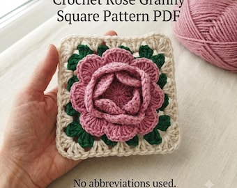 Crochet Pattern 3D Rose Granny Square, Floral Motif PDF for Bags, Blankets, Cardigans & More