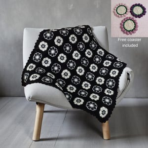 Handmade Crochet Granny Square Blanket – Black, White & Gray Cotton Throw