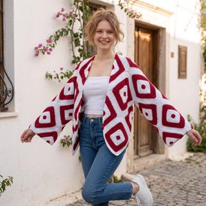 Granny Square Crochet Cardigan Pattern PDF | Red and White Boho Sweater Tutorial | Crochet Motif Patchwork Jacket | XS-5XL