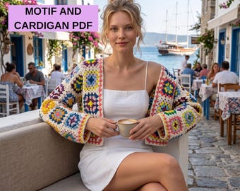 Modèle de cardigan au crochet à carrés grand-mère, taille ajustable, veste à motif bohème, tutoriel PDF, cardigan à crocheter soi-même