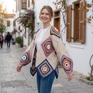 Bohemian Crochet Cardigan / Square Triangle Motif / Vintage Boho Jacket DIY Pattern PDF