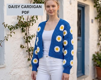 Daisy Granny Square Crochet Cardigan Pattern PDF, Crochet Motif & Cardigan Tutorial, Boho Crochet Jacket
