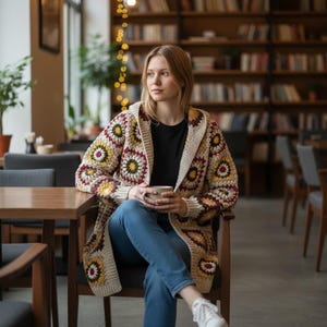 Handmade Granny Square Crochet Hoodie – Boho Patchwork Cardigan, Size M