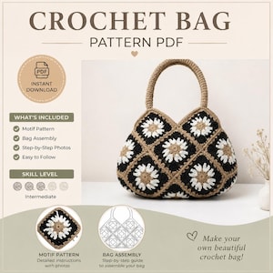 Può includere: Un modello PDF per borsa all'uncinetto con un design a margherita nero, bianco e beige. La borsa ha una forma arrotondata e un manico. L'immagine include il testo "Crochet Bag Pattern PDF" e "Instant Download".