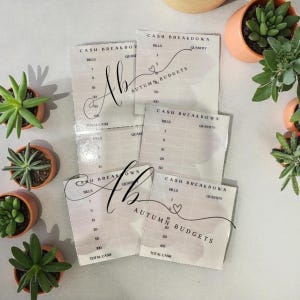 Puede incluir: Un conjunto de hojas transparentes de desglose de efectivo con la impresión "CASH BREAKDOWN" y "AUTUMN BUDGETS". Las hojas están dispuestas sobre una superficie clara, rodeadas de pequeñas suculentas en macetas.