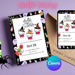 Kawaii Halloween Birthday Party Invitation, Drink up Witches Invitation, Personalized Kawaii Digital Card, Kitty Digital Card, Printable