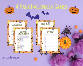 Paquete de 4 juegos divertidos de Halloween, juegos de fiesta de Halloween, juegos de Halloween imprimibles, juegos de Halloween para niños, actividades familiares de Halloween,