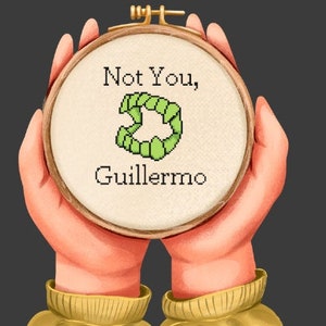 Puede incluir: Un par de manos sosteniendo un aro de bordado redondo con el texto "Not You, Guillermo" y una imagen pixelada verde de colmillos.