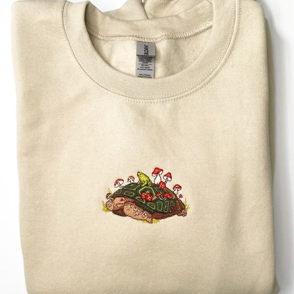 Embroidered Tortoise, Mushroom and Frog Sweatshirt , Tortoise Crewneck Sweatshirt, Cottage Core Shirt