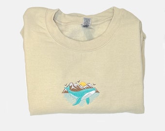 Embroidered Whale Sweatshirt, Mountain and Ocean Sweatshirt ,  Crewneck Sweatshirt, Animal Shirt