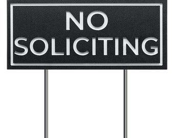 No Soliciting Yard Sign, Engraved Lettering, Durable and Weatherproof - 9" x 4" with Stainless Steel Yard Stakes