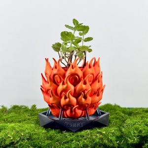 Può includere: Un vaso da fiori stampato in 3D di colore arancione e nero a forma di fiamma con una piccola pianta verde che cresce al suo interno. Il vaso è appoggiato su una base nera con la scritta "SAKI" stampata su di essa.