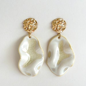 Ceramic statement earrings Unique handmade clay jewelry Milky Cracked wave gold porcelain wedding dangle earrings birthday gift image 2