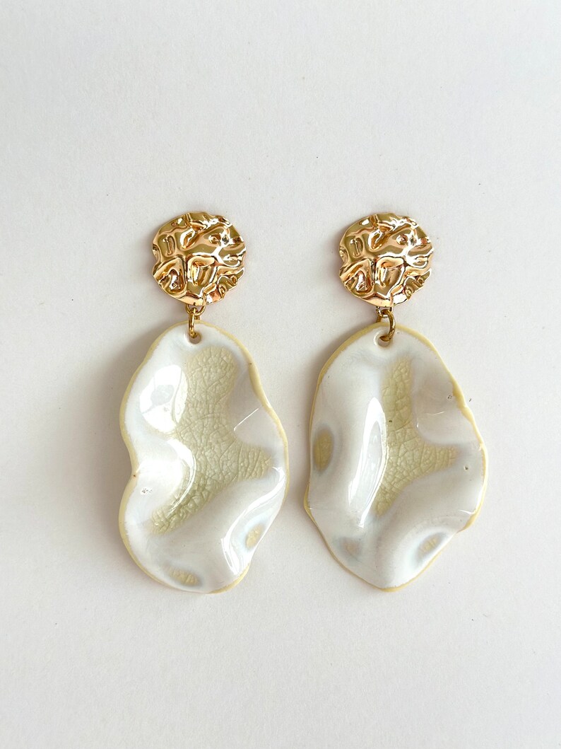 Ceramic statement earrings Unique handmade clay jewelry Milky Cracked wave gold porcelain wedding dangle earrings birthday gift image 2