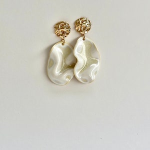 Ceramic statement earrings Unique handmade clay jewelry Milky Cracked wave gold porcelain wedding dangle earrings birthday gift image 6
