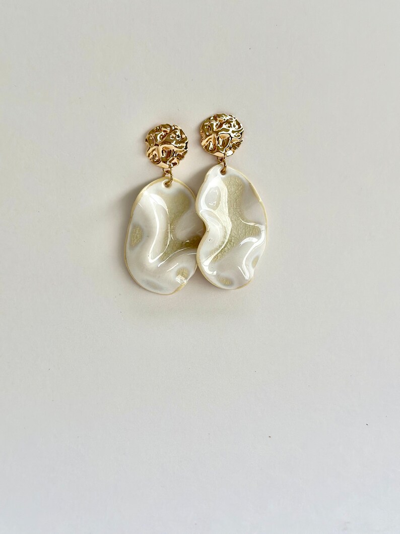 Ceramic statement earrings Unique handmade clay jewelry Milky Cracked wave gold porcelain wedding dangle earrings birthday gift image 6