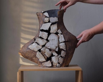 Sculptural Ceramic Art Vessel 20" | Raw Mineral Texture, Handmade Stoneware for Loft Interiors | Brutalist