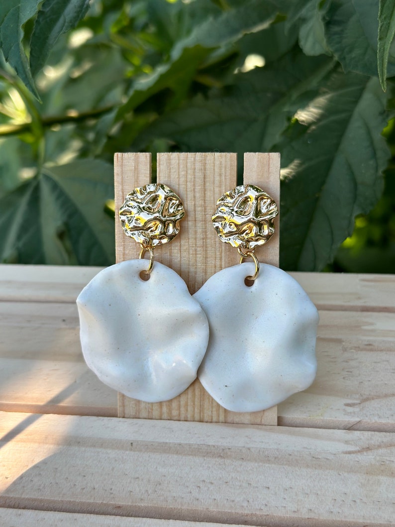 Ceramic Stud drop Earrings Gorgeous White Waves with gold plated 18k findings, Porcelain statement earrings wedding gift, Wedding gift image 4