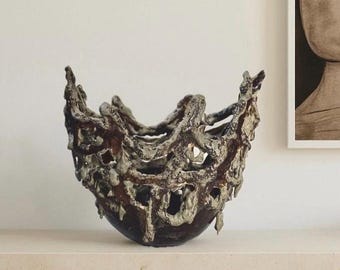 Extra Large Sculptural Ceramic Vessel with Textured Glaze and Organic Openwork | Art Object for Wabi-Sabi or Brutalist Interior Decor