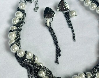 White black set mixed necklace earrings Chunky Chain Necklace Two Tipe Double Chain Pearl  necklace Porcelain handmade pendant