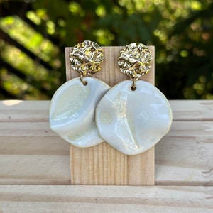 Ceramic Stud drop Earrings Gorgeous White Waves with gold plated 18k findings, Porcelain statement earrings wedding gift, Wedding gift image 1