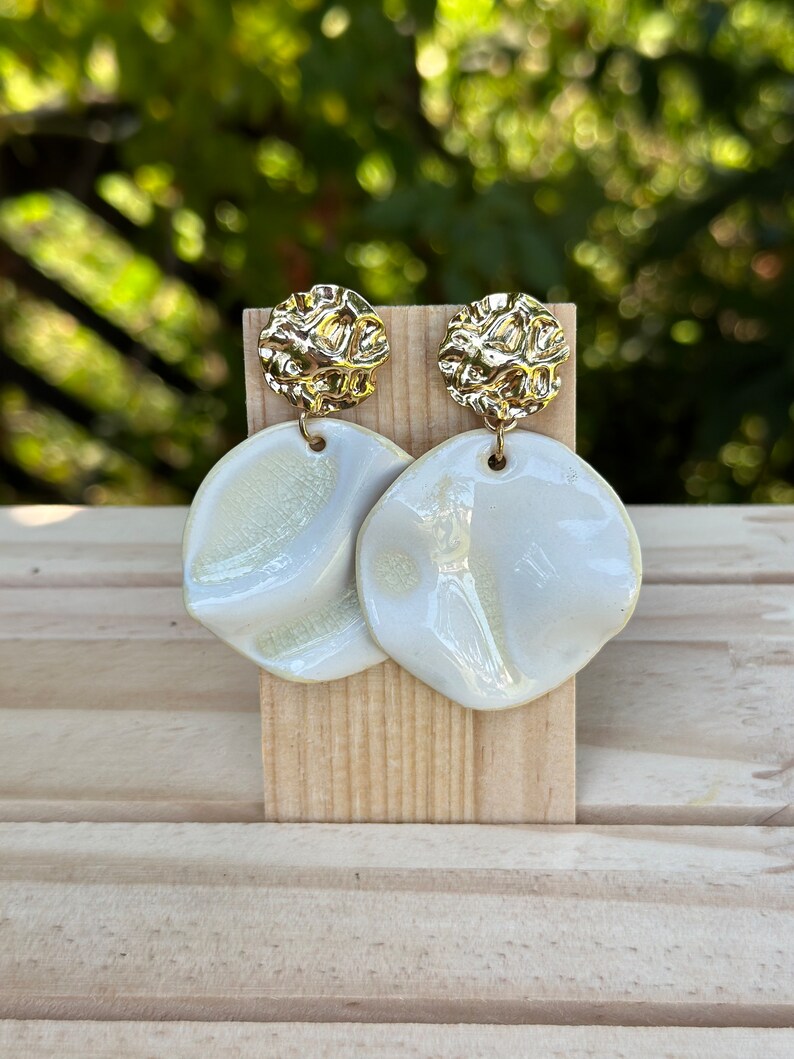 Ceramic Stud drop Earrings Gorgeous White Waves with gold plated 18k findings, Porcelain statement earrings wedding gift, Wedding gift image 1