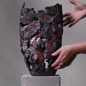 Raku Sculptural Ceramic Vase, One of a Kind Brutalist Vessel, Large Statement Art for Modern Interior