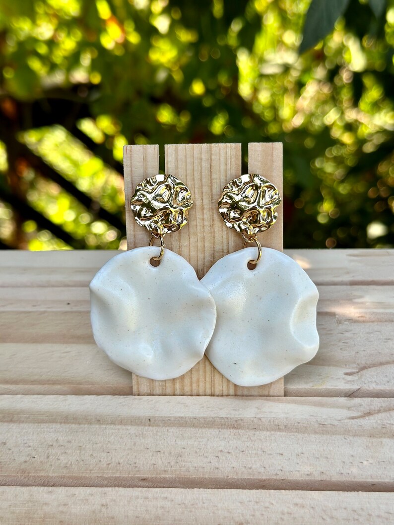 Ceramic Stud drop Earrings Gorgeous White Waves with gold plated 18k findings, Porcelain statement earrings wedding gift, Wedding gift image 3