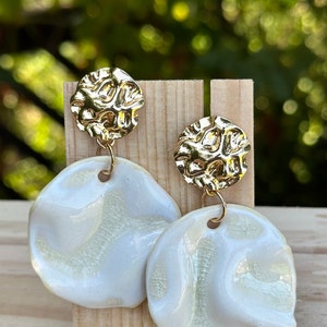 Ceramic Stud drop Earrings Gorgeous White Waves with gold plated 18k findings, Porcelain statement earrings wedding gift, Wedding gift image 2